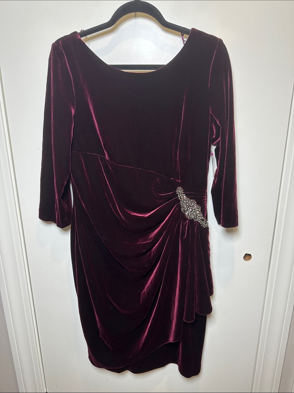 Alex Evenings Burgundy Velvet Draped Dress with Jeweled Accent (24)
